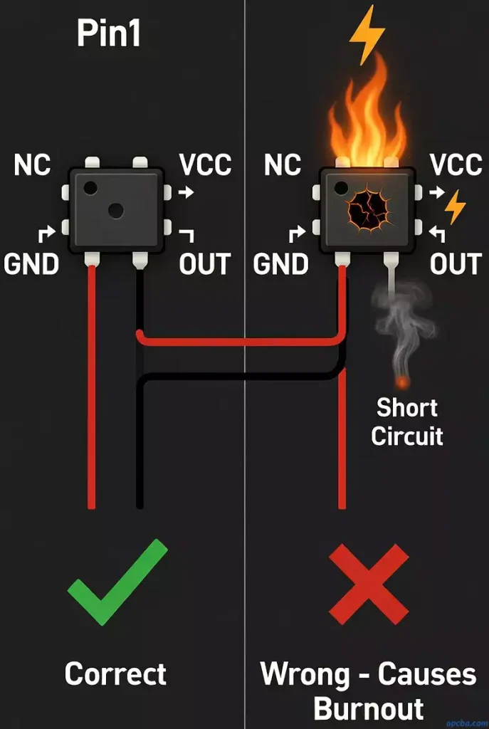 4-pin active crystal oscillator correct vs reverse polarity connection causing IC burnout and damage