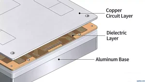 Aluminum PCB cross-section diagram showing copper circuit layer dielectric insulation and aluminum base layer structure