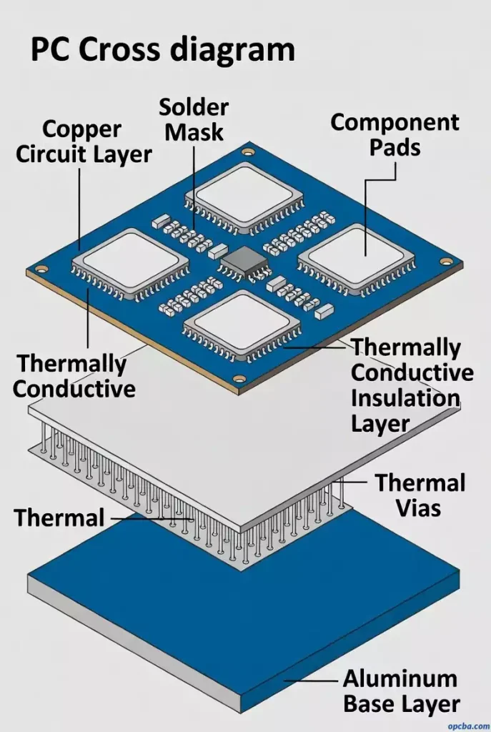 Aluminum substrate PCB structure diagram three layers copper insulation aluminum