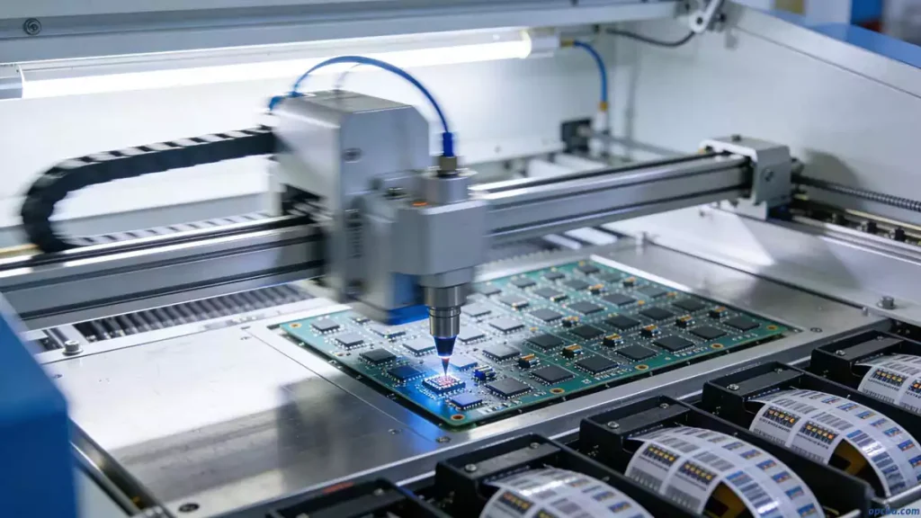 Automated pick-and-place machine placing surface mount components on PCB in electronics assembly