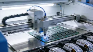 Automated pick-and-place machine placing surface mount components on PCB in electronics assembly