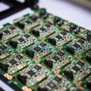 Close-up of a green PCB panel with dense electronic components and connector arrays