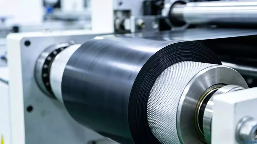 Close-up of conductive conveyor belt tightly wrapped around metal roller in SMT production line to reduce static generation from friction