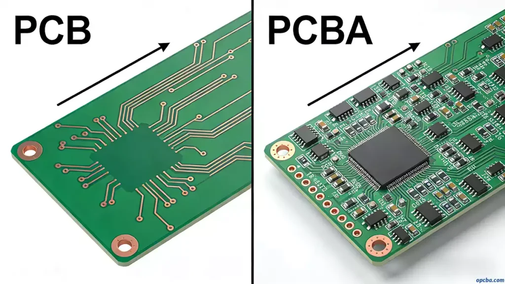 Comparison between bare PCB and assembled PCBA showing transformation from bare board to functional module