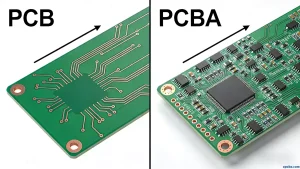 Comparison between bare PCB and assembled PCBA showing transformation from bare board to functional module