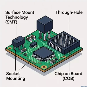 Comparison diagram of chip mounting methods SMT through-hole socket and COB on PCB