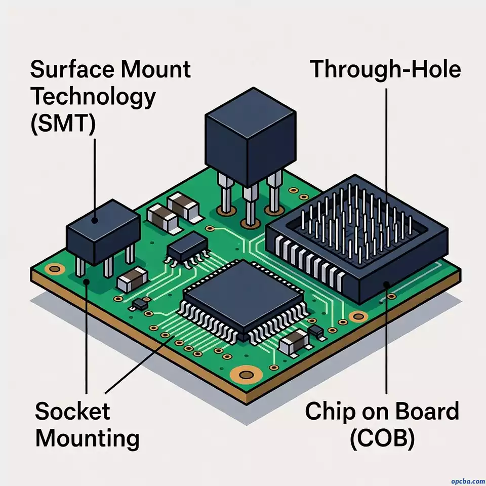 Comparison diagram of chip mounting methods SMT through-hole socket and COB on PCB