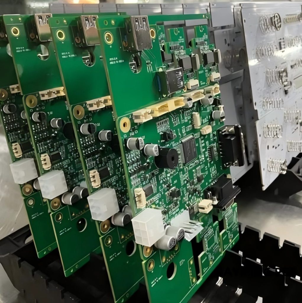 EV charger control motherboard panel, green PCB integrating interfaces, power supply and control circuits, serving as the core control unit of chargers