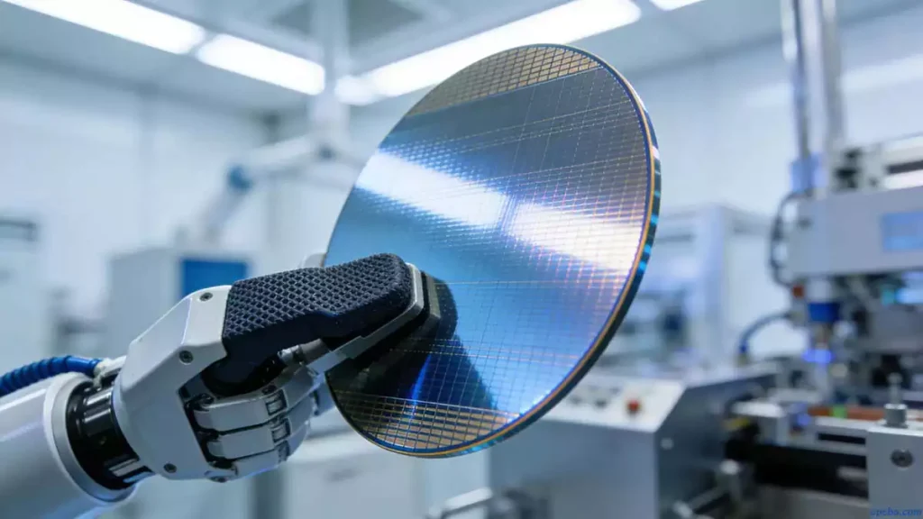 IC chip manufacturing process – robotic arm handling a silicon wafer in a cleanroom with precise industrial lighting and high-detail surface texture