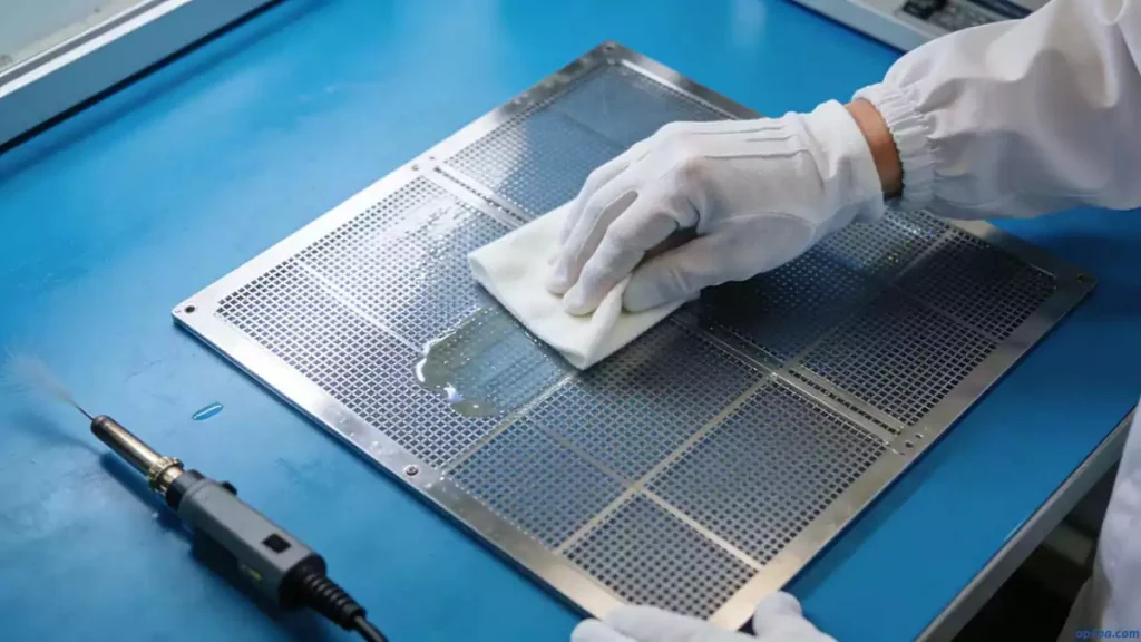 Operator wiping SMT stencil surface with lint-free rag and solvent during daily cleaning routine