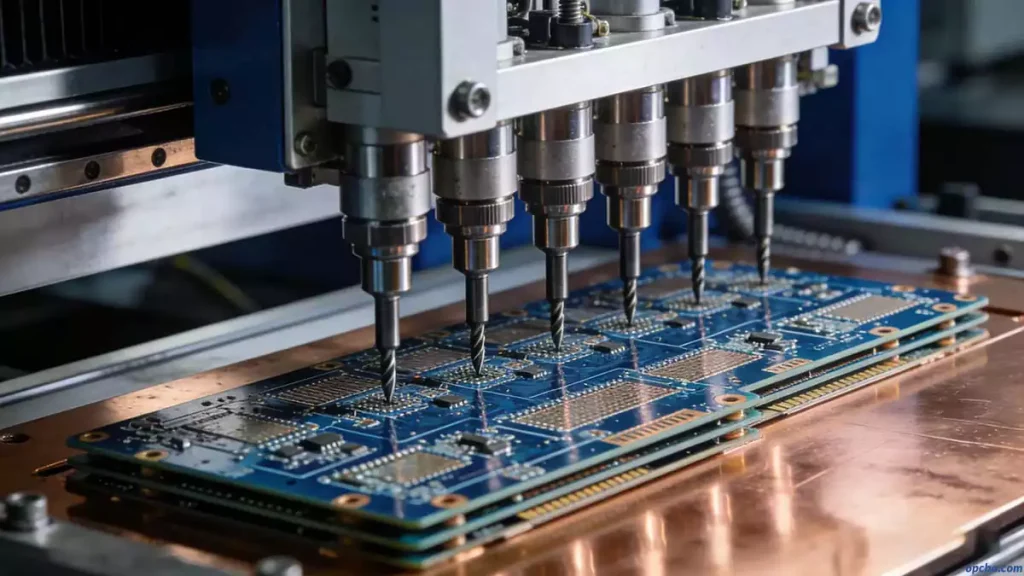 PCB drilling technology cover image showing a multi-spindle drilling machine creating precision holes in a multilayer circuit board