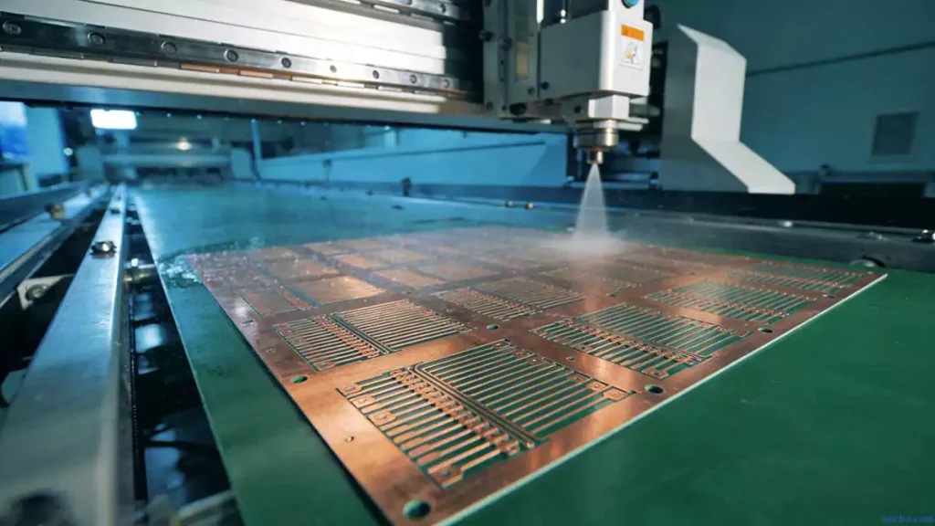 PCB etching process requirements cover image showing an automated etching machine processing a copper-clad panel, highlighting precision spray technology