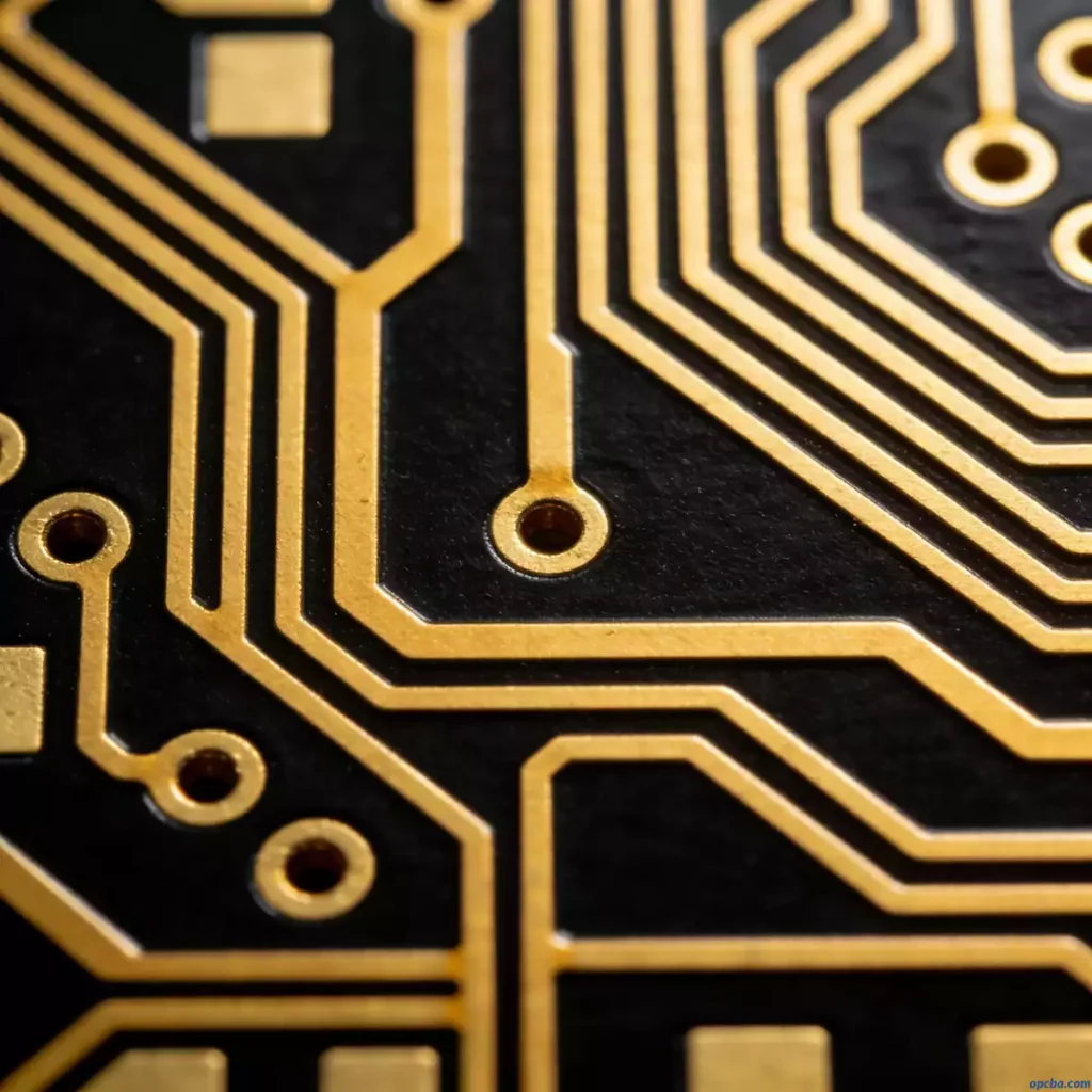 PCB routing detail with gold traces and vias