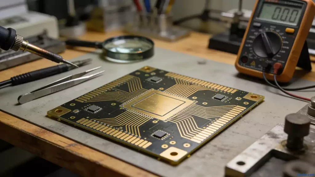RF Microwave PCB close-up with gold-plated circuits and microstrip lines in electronics lab