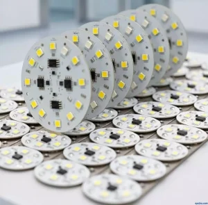 Round LED PCB modules with integrated driver ICs and SMD LEDs in a cleanroom production environment