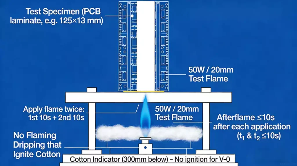 UL94 V0 flammability test self-extinguishing illustration
