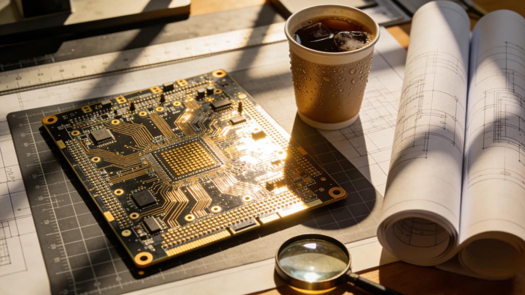 Completed HDI board with components on plugged vias in natural light on designer's workspace