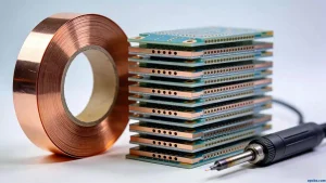 high frequency PCB laminate guide – stack of multilayer FR408HR boards with drilling tools highlighting via filling and lamination capabilities.jpeg