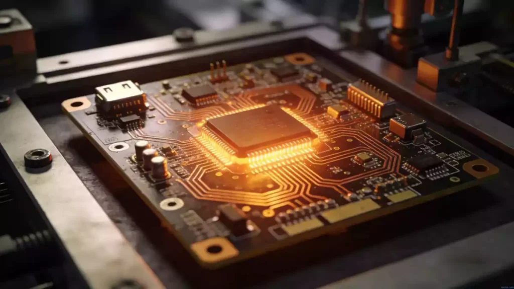 high-temperature PCBA patch processing for industrial electronics, featuring a detailed circuit board with glowing heat-resistant components in a professional manufacturing enviro