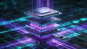 semiconductor packaging technology trends – 3D visualization of stacked chiplet architecture with glowing interconnects representing advanced packaging
