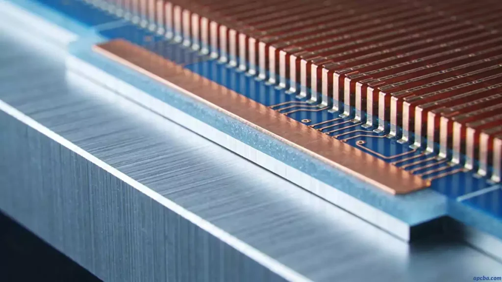 thermal clad PCB thermal impedance – cross-section close-up of aluminum base, dielectric layer, and copper circuit illustrating low thermal resistance design
