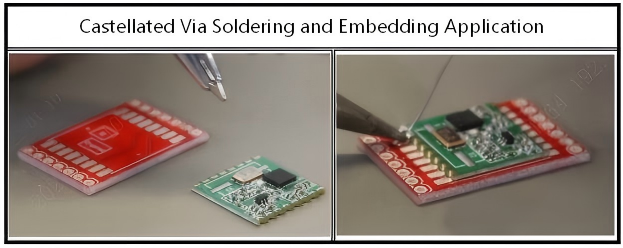 Demonstration of castellated via soldering and embedding application, showing step-by-step assembly of PCB castellated edges.
