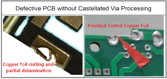 Defective PCB without castellated via processing, showing common issues like copper foil curling, partial delamination, and residual curled copper foil.