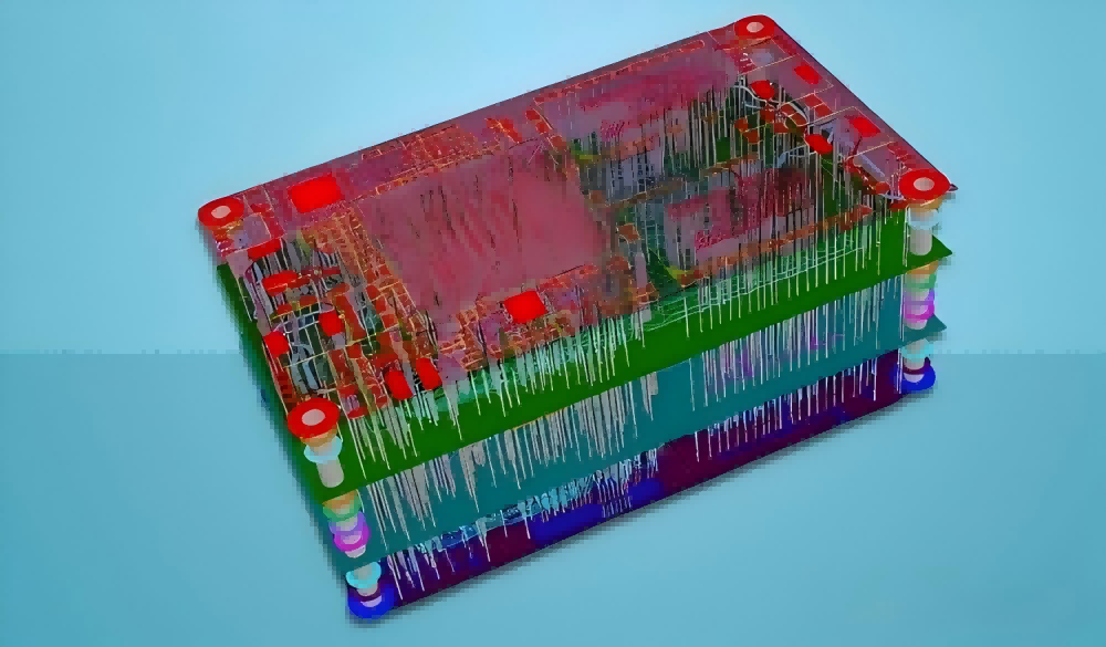 3D transparent rendering of multi-layer PCB internal stackup, circuit traces, blind via and buried via interconnection structure.