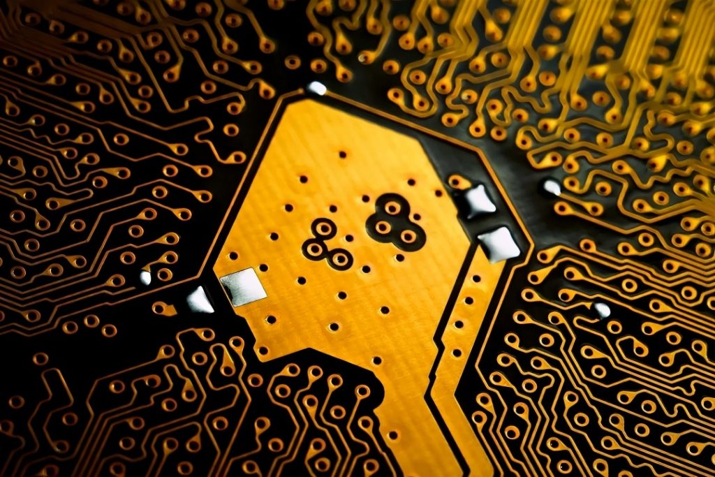 Close-up of high-density copper foil routing PCB, fine copper traces and pads, showing precision circuit design with standard copper foil thickness