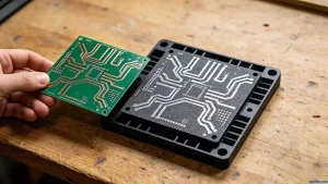 3D printed electronics vs traditional PCB fabrication side by side comparison showing green FR-4 board and black plastic printed circuit