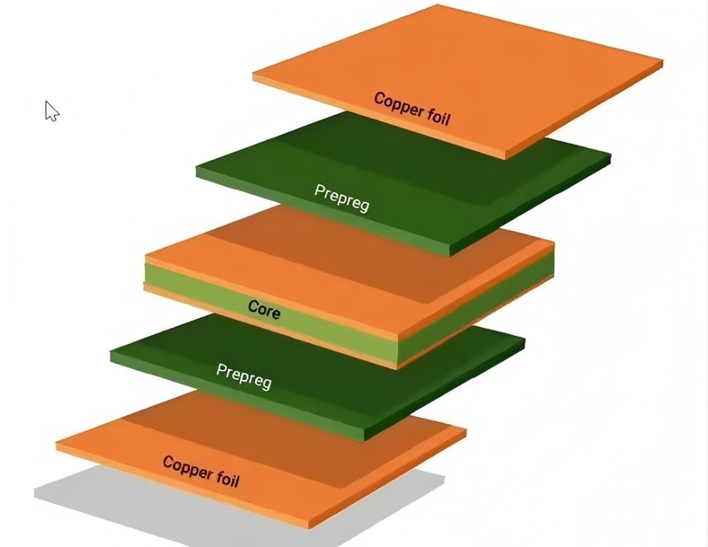 Exploded view of 2-layer PCB lamination structure, showing separated copper foil, prepreg and core substrate layers.