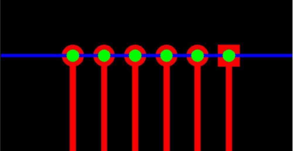 Gerber design diagram of castellated via layout, showing half-cut vias on PCB edge for through-hole soldering connection.