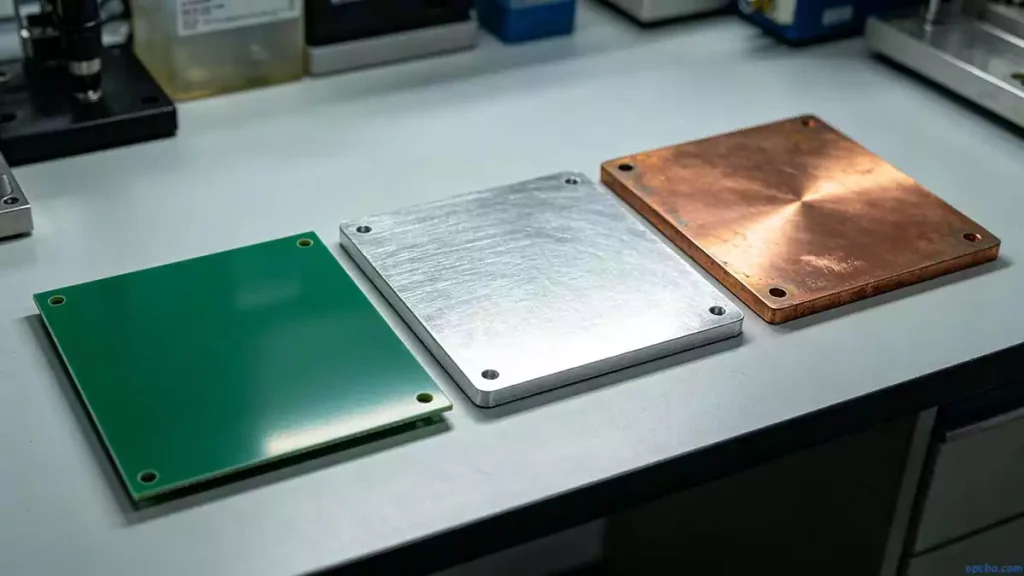 Aluminum PCB vs copper PCB heat dissipation comparison depicted with three material samples including FR4 and metal core substrates on a technical workbench