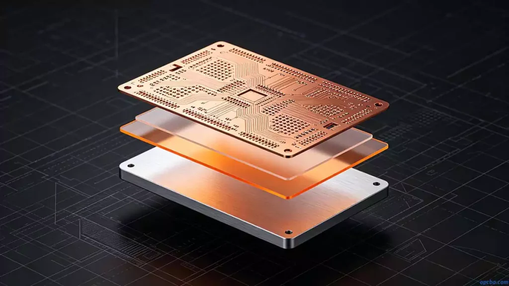 Benefits of metal core PCB for high power LED applications illustrated by the exploded three-layer structure of copper circuit, thermal dielectric, and aluminum base