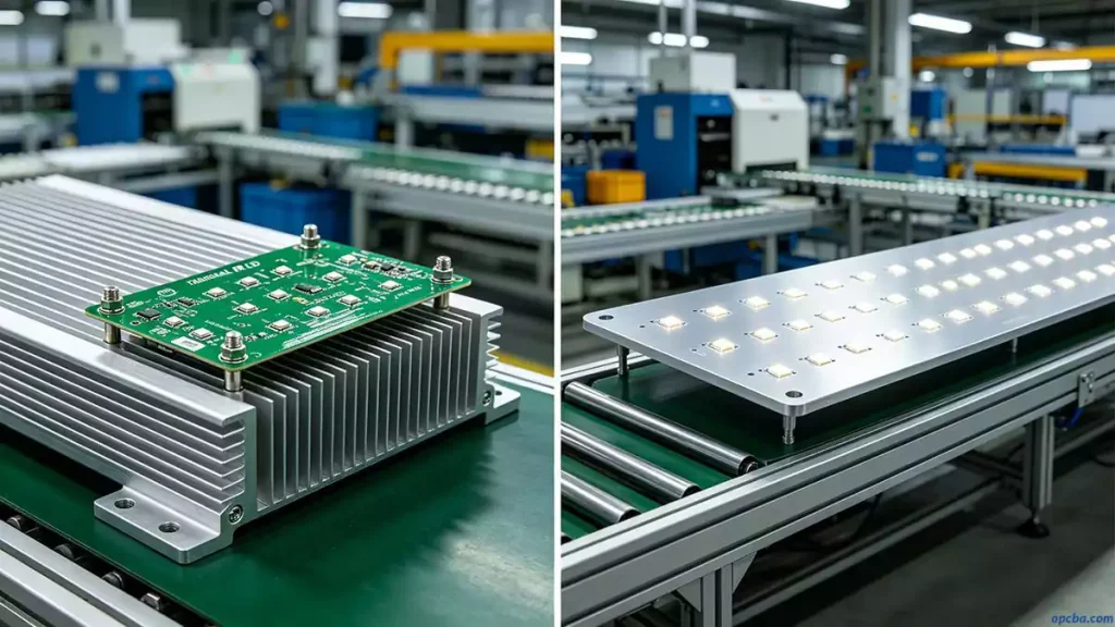 Demonstrating aluminium core PCB heatsink replacement design benefits by comparing a bolted heatsink assembly with a direct‑contact aluminium substrate LED board.jpeg