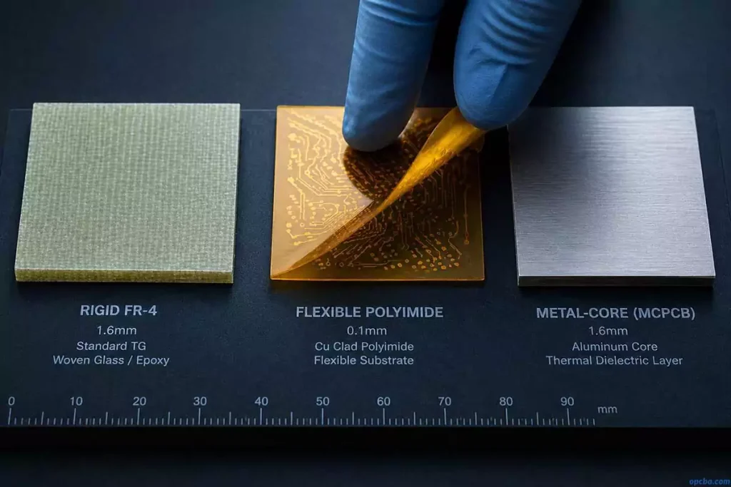 FR-4 vs polyimide PCB material comparison with rigid fiberglass, flexible amber film, and metal-core substrates side by side under inspection light