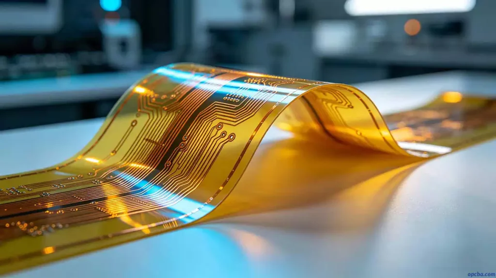 Flexible PCB manufacturing technical specifications illustrated by a high-precision FPC prototype bending under controlled laboratory lighting