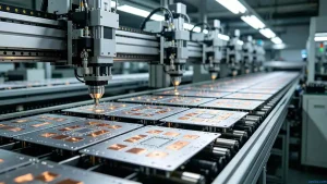 High power LED aluminum PCB manufacturing process on automated SMT assembly line in electronics factory