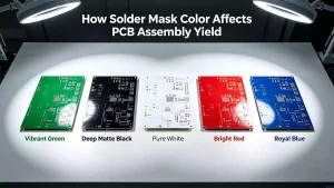 How solder mask color affects PCB assembly yield comparing green black white red and blue board surfaces under inspection lighting