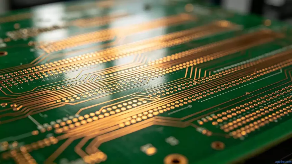 How to balance copper in PCB stack-up design illustrated by a precisely layered printed circuit board with symmetrical copper distribution and uniform trace geometry