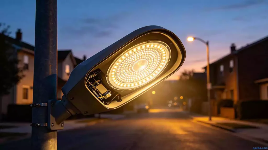 How to choose aluminum PCB for LED driver showcased in modern streetlight application with internal metal core board visible