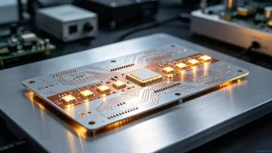 How to choose aluminum PCB for LED lighting heat management shown through a detailed close-up of an illuminated LED aluminum circuit board with visible thermal layers