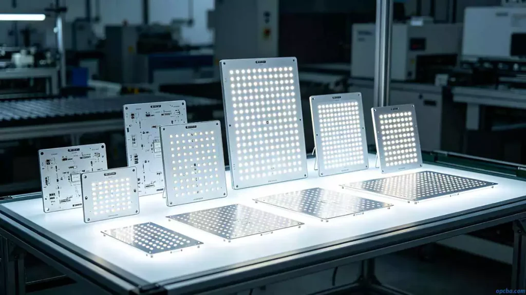 How to integrate LED into printed circuit board shown through finished aluminum PCB panels ready for lighting fixture assembly and quality verification