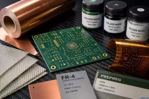 How to select PCB materials for production shown through a close-up array of raw substrates, copper foil, and solder mask on an engineering workstation
