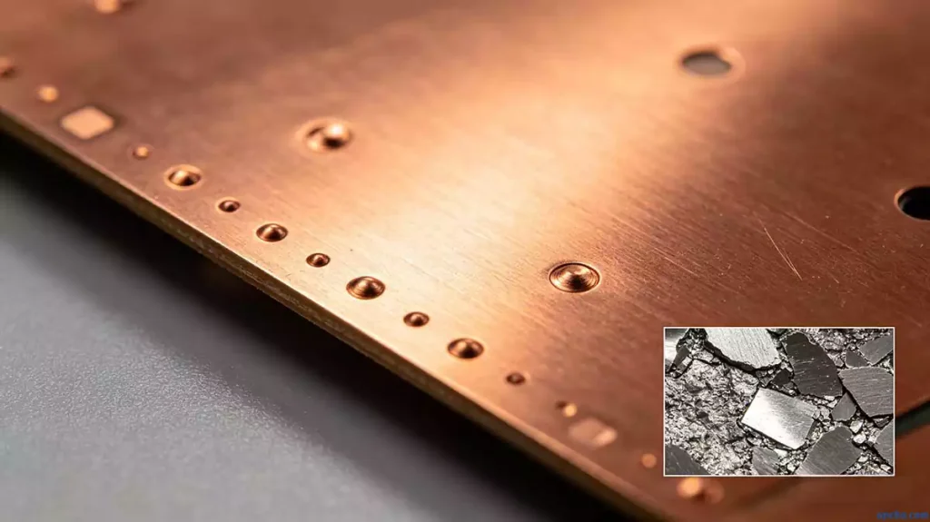PCB copper plating defects improvement macro view of dotted pits along circuit edges and incomplete copper layer in metallographic section