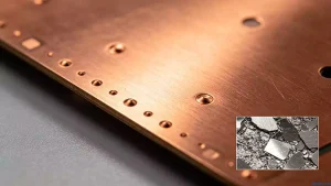 PCB copper plating defects improvement macro view of dotted pits along circuit edges and incomplete copper layer in metallographic section