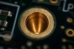 PCB plated via process benefits and applications shown through a macro view of a perfectly sealed gold barrel interior
