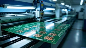See the PCB manufacturing process step by step explained through a live production scene, where a finished board leaves automated processing equipment in a pristine cleanroom