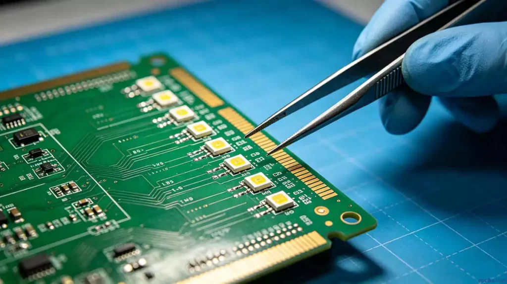 Surface mount LED PCB interface design guide illustrated by close-up inspection of component placement and copper trace routing pattern