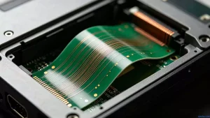 What are semi-flex PCBs used for in compact electronic designs showing a bent rigid FR4 board installed in a tight enclosure space